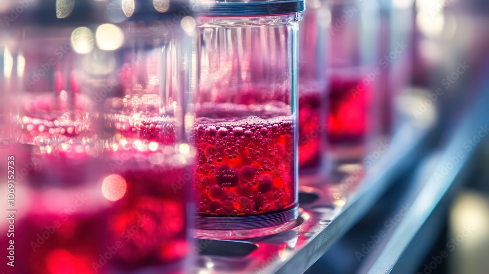 Close-up of glass containers filled with bubbling red liquid, likely for scientific analysis. Close-up of glass containers filled with bubbling red liquid, likely for scientific analysis.