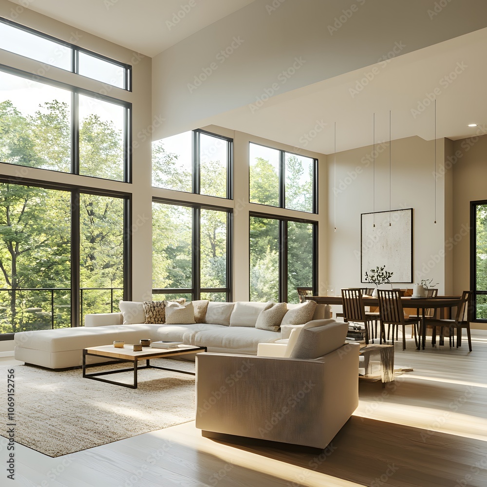 Fototapeta premium A spacious open-concept living and dining area featuring large windows, neutral color palette, and modern furniture