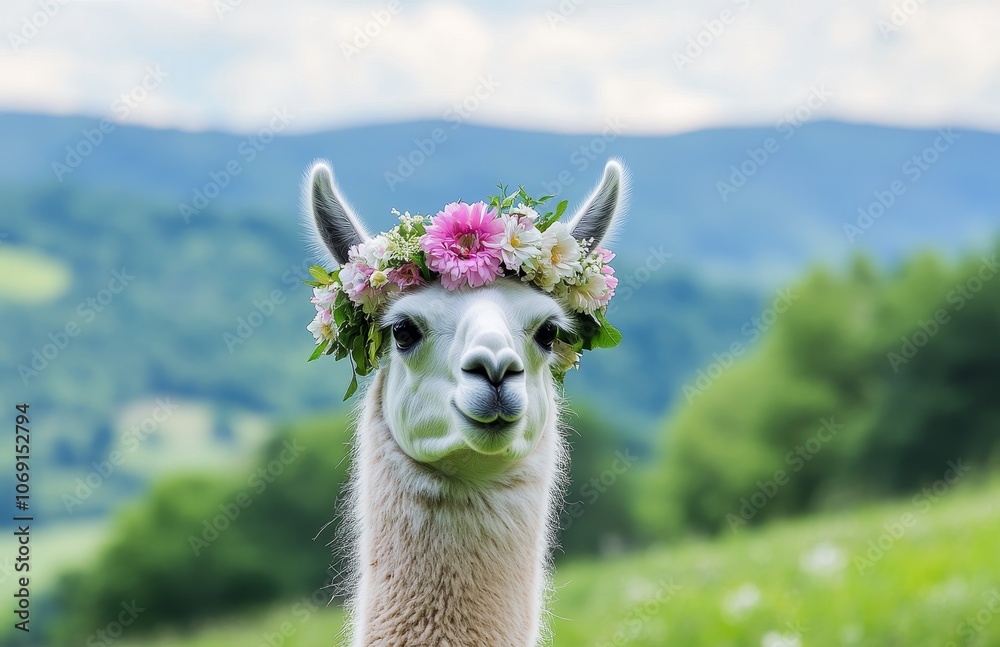 Obraz premium Llama with floral crown in scenic meadow landscape
