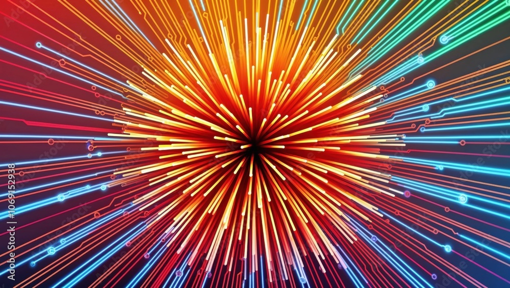 A vibrant explosion of abstract digital lines radiating in all directions, featuring gradients of red, orange, yellow, and blue, creating a visually striking explosion effect. A vibrant explosion of abstract digital lines radiating in all directions, featuring gradients of red, orange, yellow, and blue, creating a visually striking explosion effect.