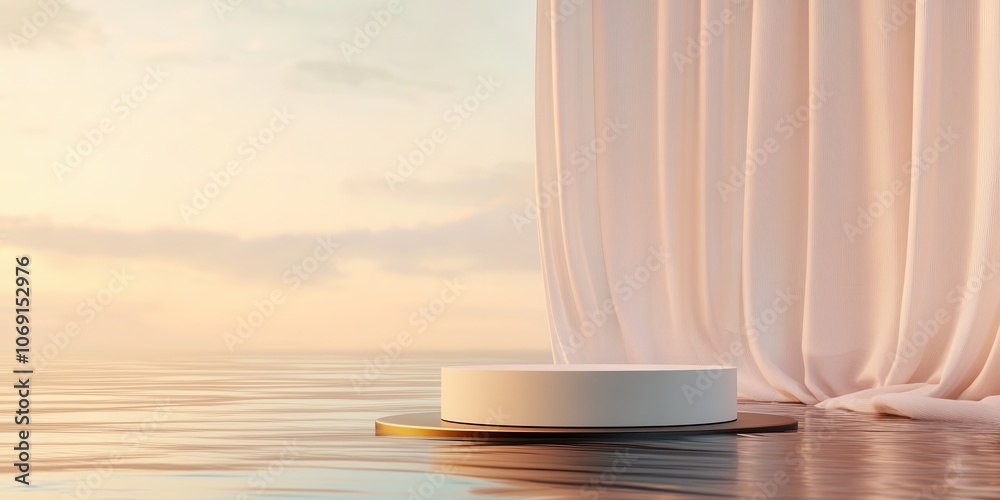 Minimalist Product Display with a White Platform and a Curtain Background Minimalist Product Display with a White Platform and a Curtain Background