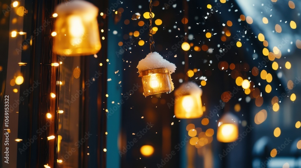 Outdoor hanging lanterns with snow-covered tops and warm glowing lights at night Outdoor hanging lanterns with snow-covered tops and warm glowing lights at night