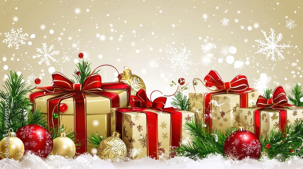 Festive Christmas Banner with Gifts and Snowflakes Festive Christmas Banner with Gifts and Snowflakes