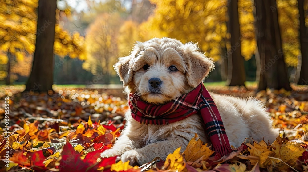 Charm of Autumn: a little puppy in a hat enjoying the coziness of a golden forest, surrounded by colorful leaves and sunlight, creating an atmosphere of peace and happiness. Charm of Autumn: a little puppy in a hat enjoying the coziness of a golden forest, surrounded by colorful leaves and sunlight, creating an atmosphere of peace and happiness.