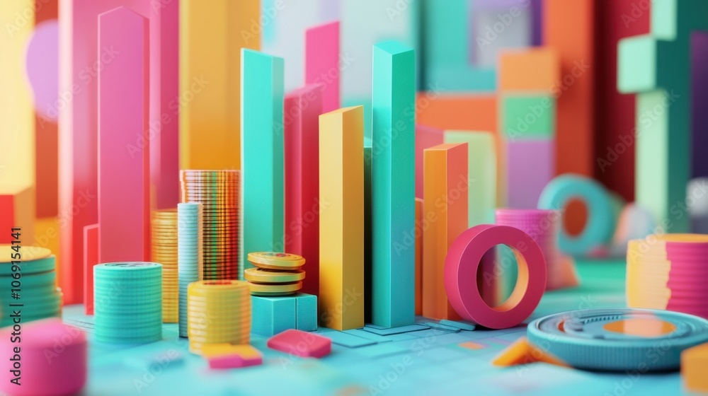 Colorful data visualization with bar charts, pie charts, and geometric shapes in pastel colors Colorful data visualization with bar charts, pie charts, and geometric shapes in pastel colors