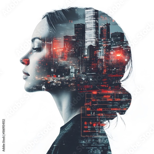 A striking double exposure image featuring a woman overlaid with a cityscape and data elements photo