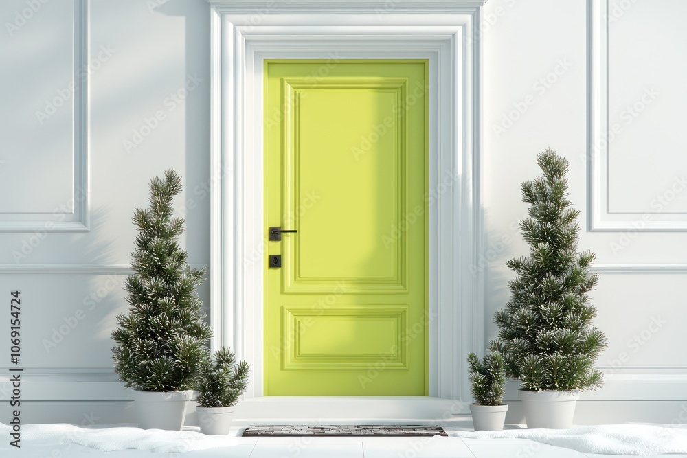 Sophisticated front door scene with a lime door and potted spruces for chic exteriors. Sophisticated front door scene with a lime door and potted spruces for chic exteriors.