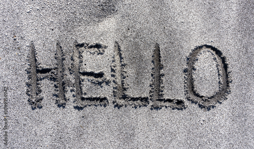 Business hello and welcome concept. Concept word Hello written on beautiful ocean sand beach. Beautiful ocean sand beach background, copy space. Business hello and welcome concept. Business hello and welcome concept. Concept word Hello written on beautiful ocean sand beach. Beautiful ocean sand beach background, copy space. Business hello and welcome concept.