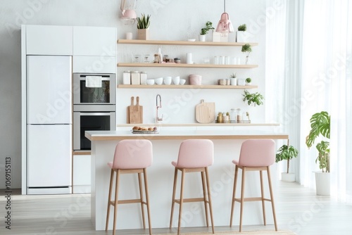 Modern Kitchen with Pink Bar Stools and White Cabinets