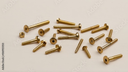 Screws and bolts for furniture repair. Scattered brass screws and a nut on a neutral surface. Some screws have star-shaped heads, showcasing a shiny metallic finish.