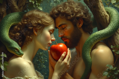 Adam and Eve in Garden of Eden. Eva giving Adam red apple. serpent tempter in paradise. Christian religious legendary story. green ancient snake devil lucifer satan. fall from grace. lapse from virtue photo