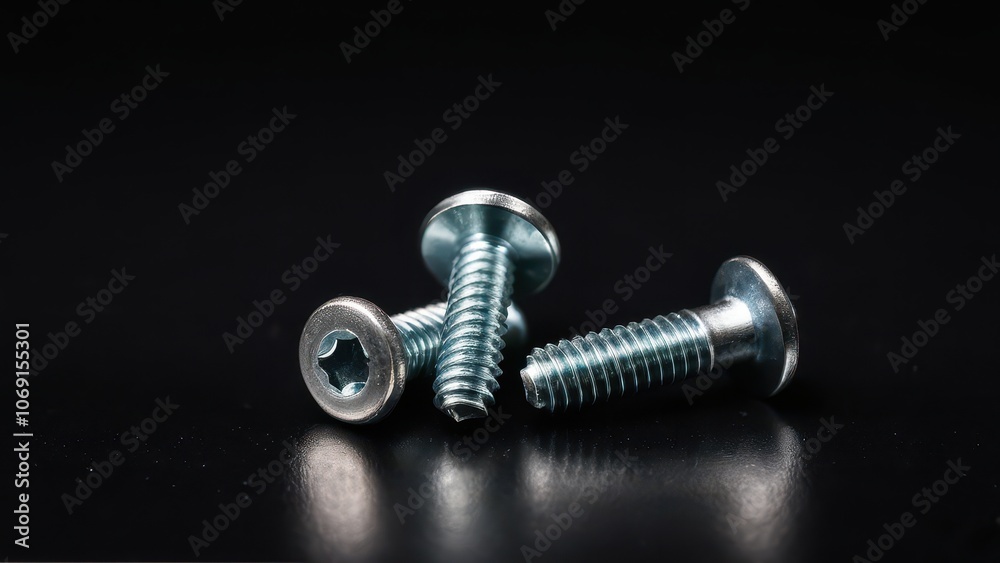 Screws and bolts for furniture repair. Three golden screws lie on a dark surface, highlighting their shiny finish and star-shaped heads, casting soft shadows below. Screws and bolts for furniture repair. Three golden screws lie on a dark surface, highlighting their shiny finish and star-shaped heads, casting soft shadows below.