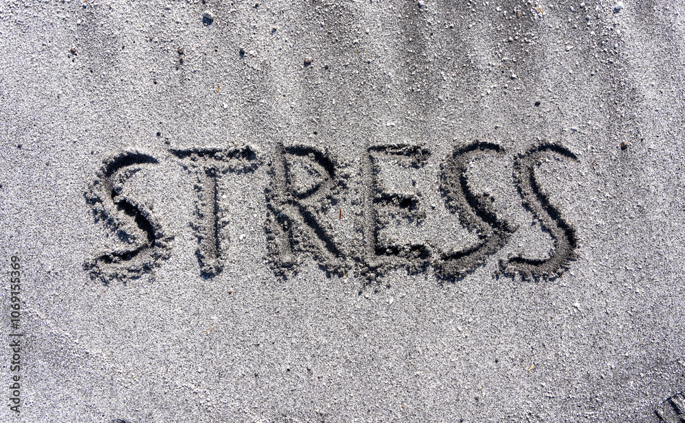 lifestyle and stress concept. Concept word Stress written on beautiful ocean sand beach. Beautiful ocean sand beach background, copy space. Medical and psychology stress concept. lifestyle and stress concept. Concept word Stress written on beautiful ocean sand beach. Beautiful ocean sand beach background, copy space. Medical and psychology stress concept.