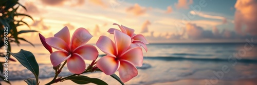 Pink plumeria flowers bloom against a hazy sunset sky over the ocean