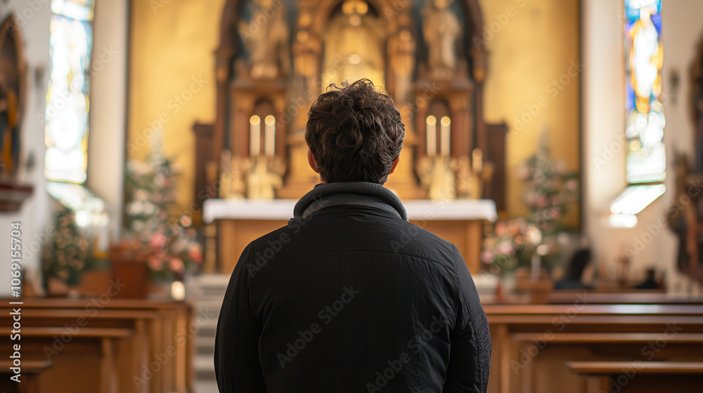 person stands in contemplation inside serene church, surrounded by beautiful decor person stands in contemplation inside serene church, surrounded by beautiful decor