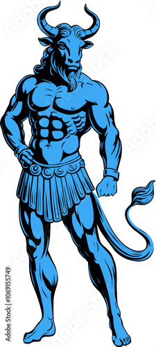 mythological blue minotaur on white background