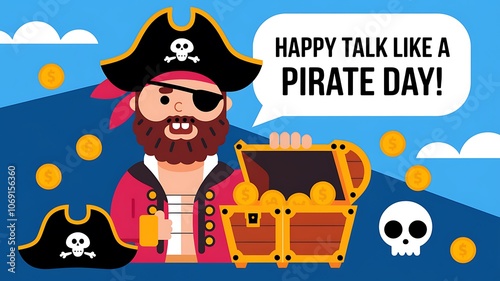 A Cartoon Pirate Holding a Treasure Chest and a Speech Bubble With the Text 