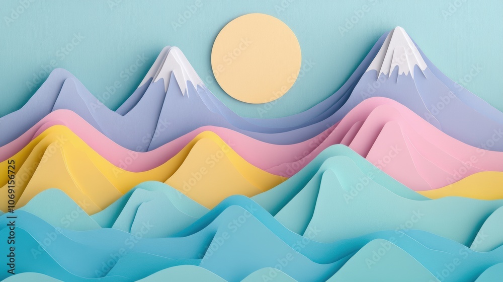Pastel Layered Mountains, soft hues blend in a serene landscape, evoking tranquility and depth through gentle paper-like textures. Pastel Layered Mountains, soft hues blend in a serene landscape, evoking tranquility and depth through gentle paper-like textures.