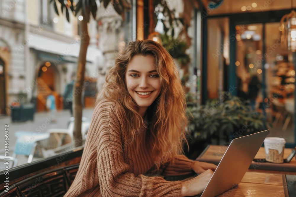 Happy young woman working at cafe table with laptop. Happy young woman working at cafe table with laptop.