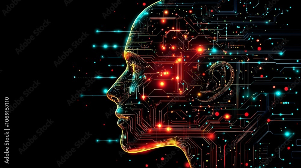Fototapeta premium Futuristic profile of human ai being head with aritficial intelligence neural network digital circuits glowing elements