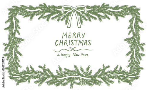 Christmas decoration border with fir branches and bow and ribbon in vintage doodle style for poster, placards and party invitations. Christmas and New Year design holiday frame vector illustration.
