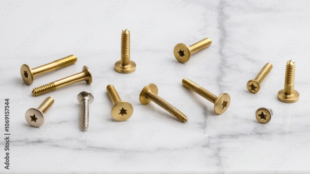 Screws and bolts for furniture repair. Metal screws with star-shaped heads are arranged on a white marble surface, showcasing different sizes and finishes.