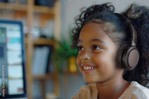 African American child girl learning online with teacher via webcam. photo