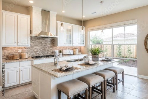 Modern Kitchen Island with Granite Countertop and Bar Stools