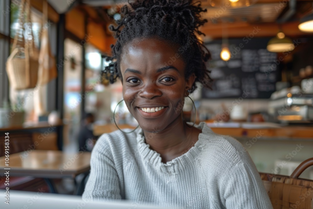 Happy African American woman working and studying in cafe. Happy African American woman working and studying in cafe.