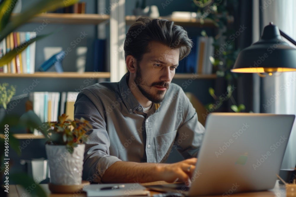 Male employee uses web conference for online interview with partner. Male employee uses web conference for online interview with partner.
