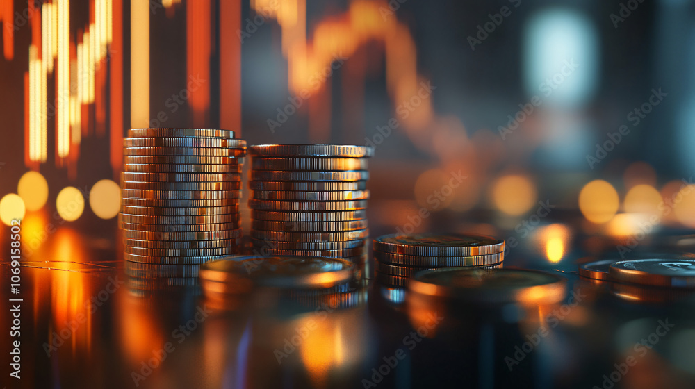 Coins stacked up, reflecting a stock market graph depicting gains in this financial concept image Coins stacked up, reflecting a stock market graph depicting gains in this financial concept image