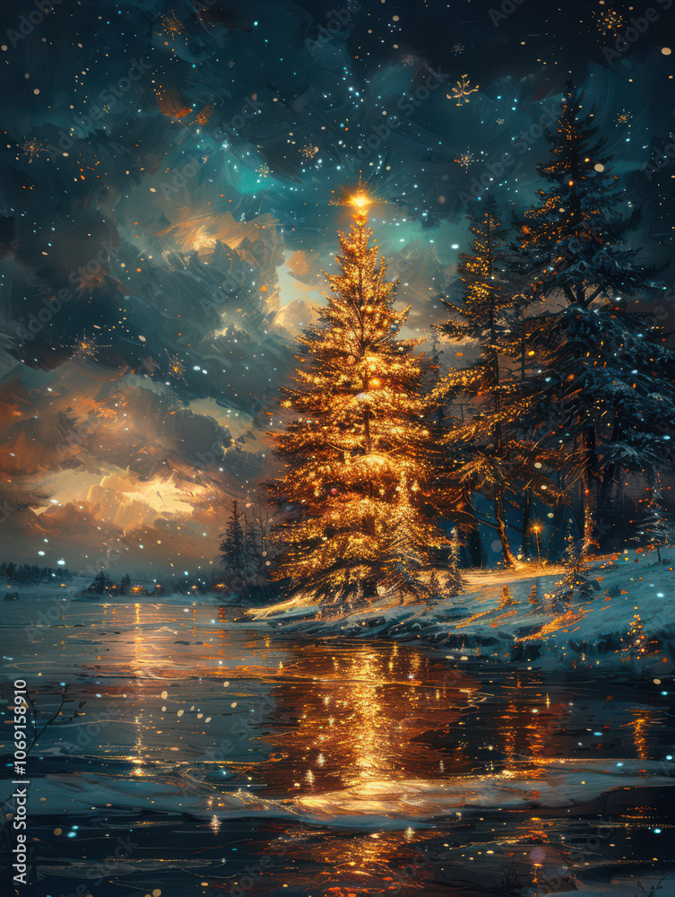 Enchanted Christmas Tree by the Frozen Lake