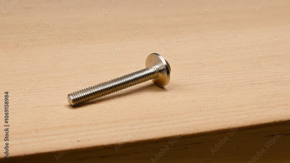 Screws and bolts for furniture repair. A steel carriage bolt with a flat, round head lies on a smooth wooden surface, capturing a simple, industrial aesthetic. Screws and bolts for furniture repair. A steel carriage bolt with a flat, round head lies on a smooth wooden surface, capturing a simple, industrial aesthetic.