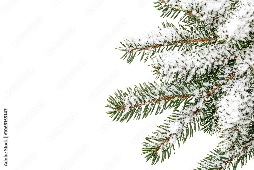 Snow-dusted fir branches on white background Snow-dusted fir branches on white background