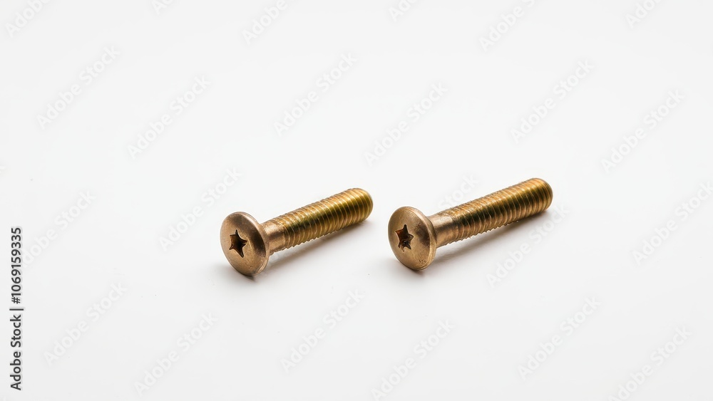 Screws and bolts for furniture repair. Two golden screws with star-shaped heads lie side by side on a white surface, showcasing their shiny metallic finish. Screws and bolts for furniture repair. Two golden screws with star-shaped heads lie side by side on a white surface, showcasing their shiny metallic finish.