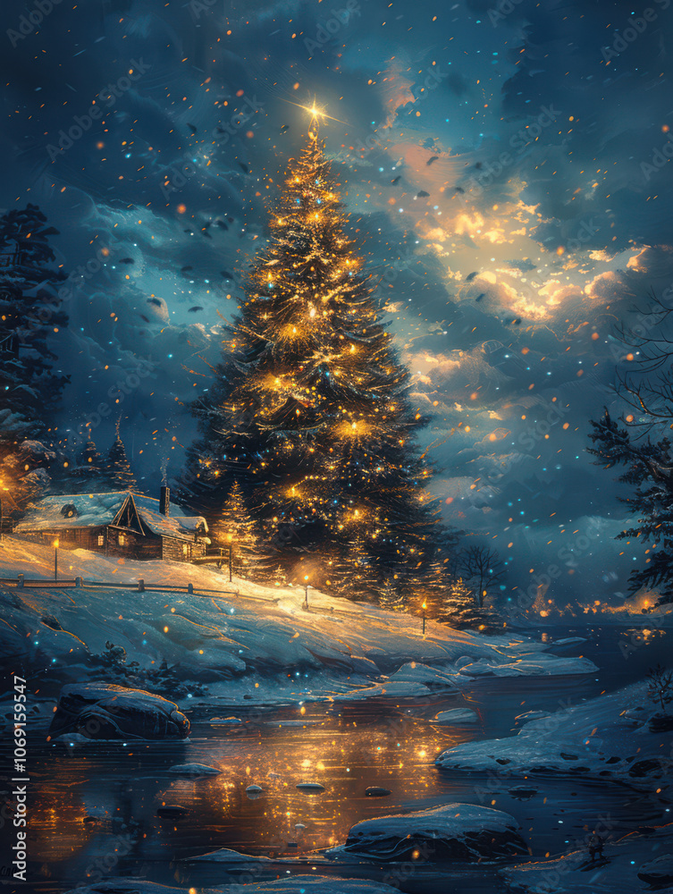 Enchanted Christmas Tree by the Frozen Lake
