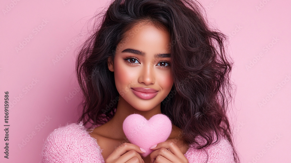 Young woman holding pink heart with love and care. Young woman holding pink heart with love and care.