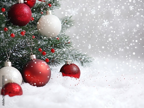 Christmas Ornaments on a Snowy Branch with Falling Snowflakes