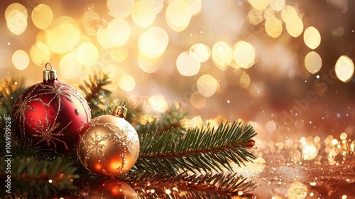 Festive Christmas Ornaments and Sparkling Background