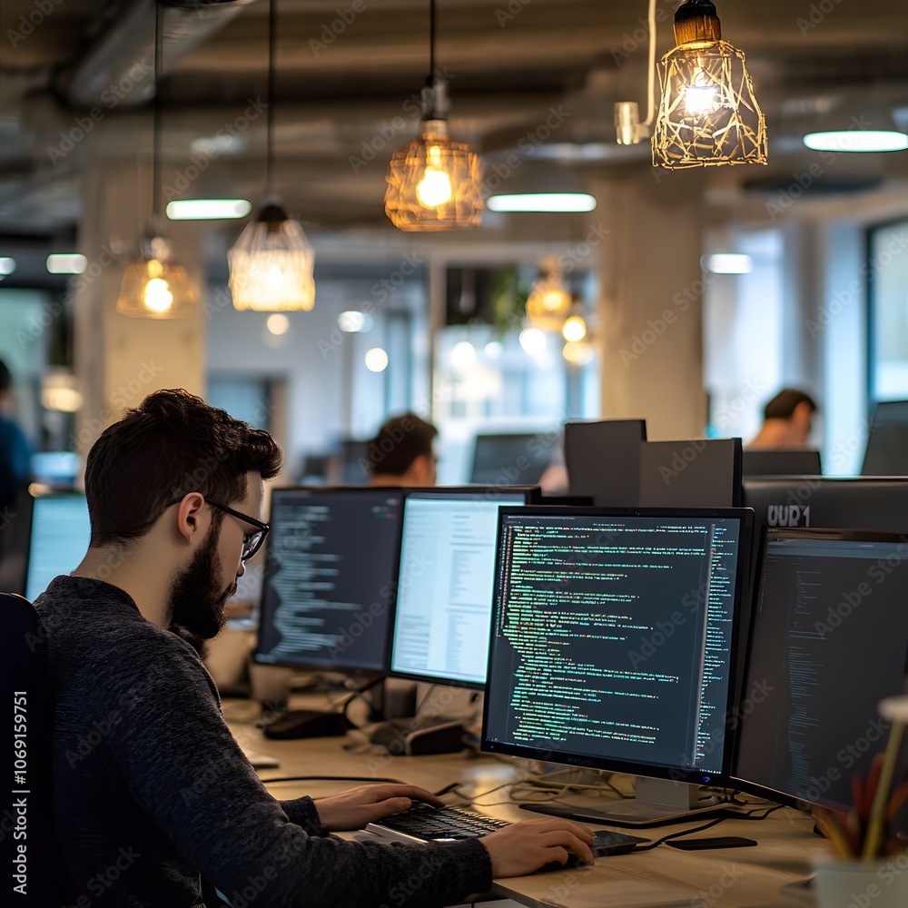 A team of developers immersed in coding, surrounded by multiple screens displaying lines of code. The workspace reflects a focused and productive atmosphere, ideal for intense programming sessions. A team of developers immersed in coding, surrounded by multiple screens displaying lines of code. The workspace reflects a focused and productive atmosphere, ideal for intense programming sessions.