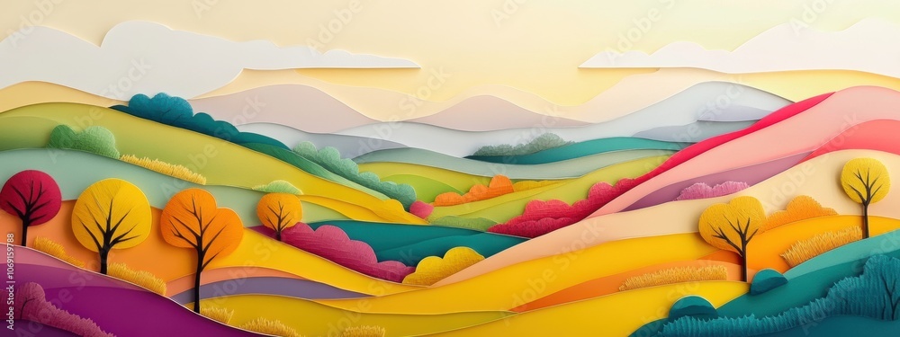 Layered Fields in a Paper-Style Valley Under a Bright Sky, a serene landscape showcasing vibrant fields and expansive skies Layered Fields in a Paper-Style Valley Under a Bright Sky, a serene landscape showcasing vibrant fields and expansive skies