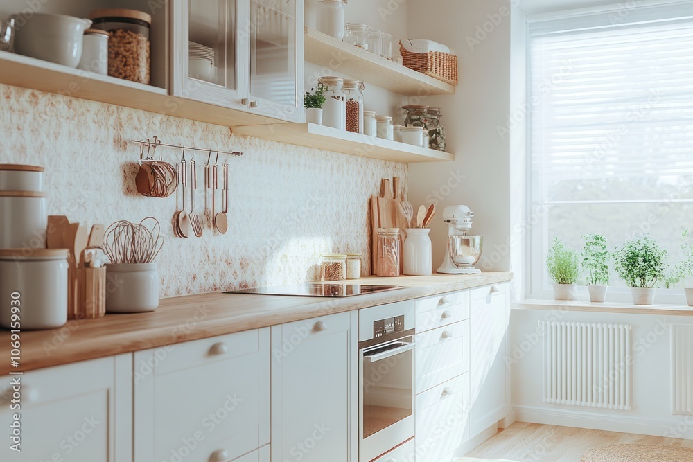 Modern Kitchen with White Cabinets and a Wooden Countertop Modern Kitchen with White Cabinets and a Wooden Countertop