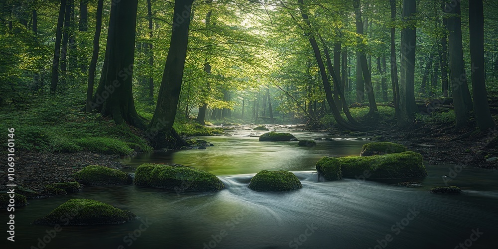 Obraz premium Sunlight Illuminating a Tranquil Forest Stream