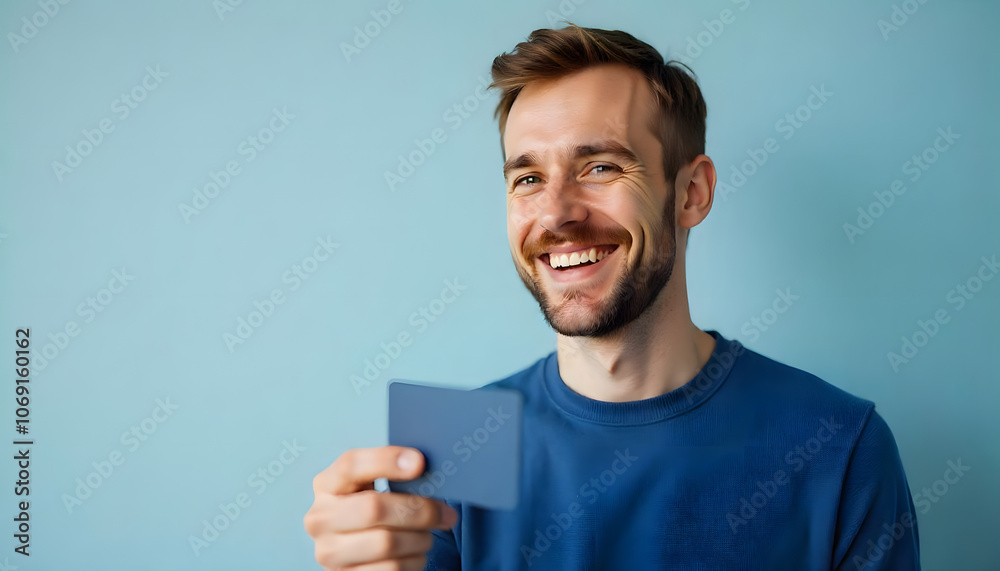 Handsome, excited older man with hair holding a credit card for shopping payment 
