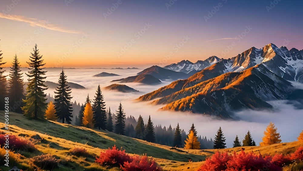 A stunning panorama of mountain peaks with fog in the valleys and fall foliage on the slopes.