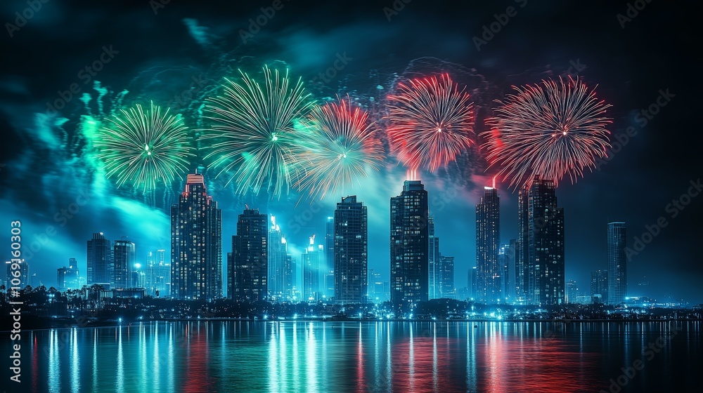 Obraz premium Vibrant fireworks illuminate skyline with stunning nighttime cityscape