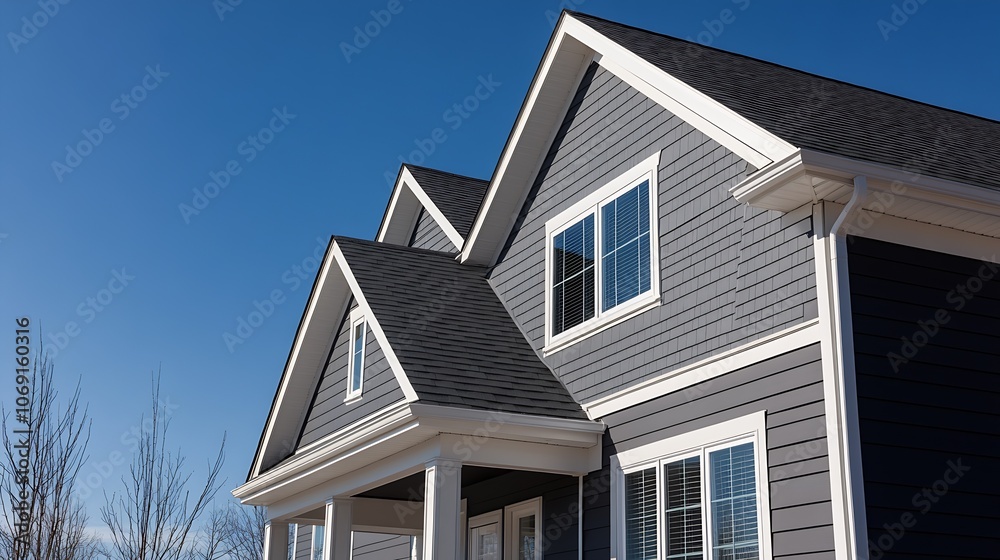Modern Suburban House with Grey Exterior and White Trim Under Clear Blue Sky : Generative AI Modern Suburban House with Grey Exterior and White Trim Under Clear Blue Sky : Generative AI