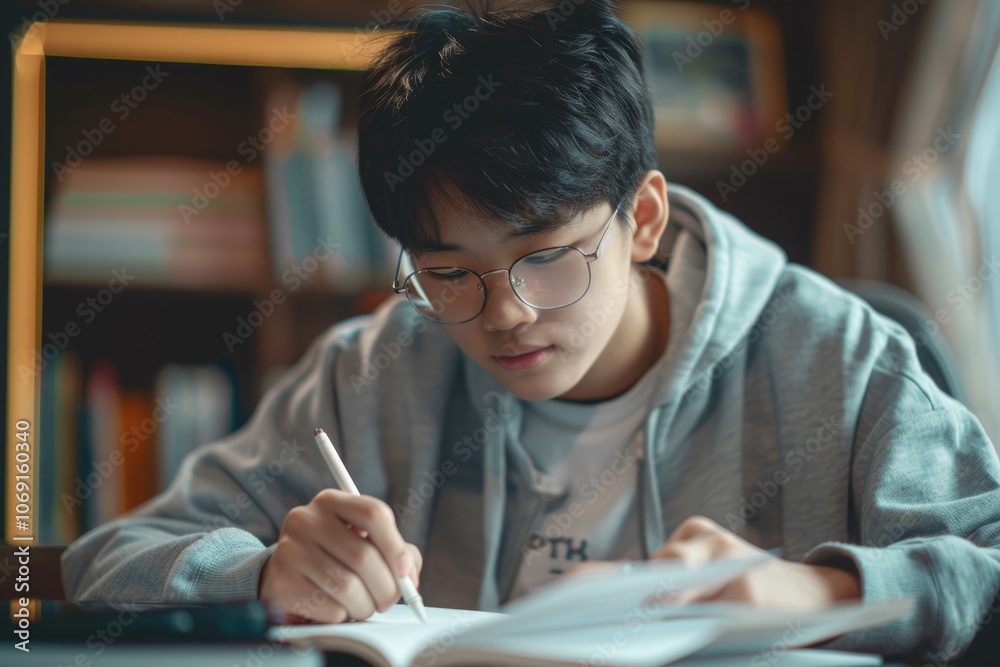 Asian teen boy uses online learning technology for exam prep. Asian teen boy uses online learning technology for exam prep.