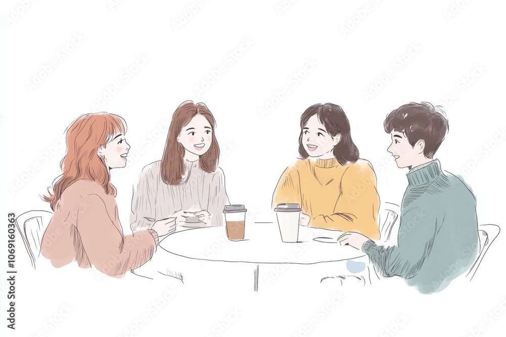 Hand-Drawn Vector of Friends Drinking Coffee and Talking, Flat Design with Bright Colors and White Space