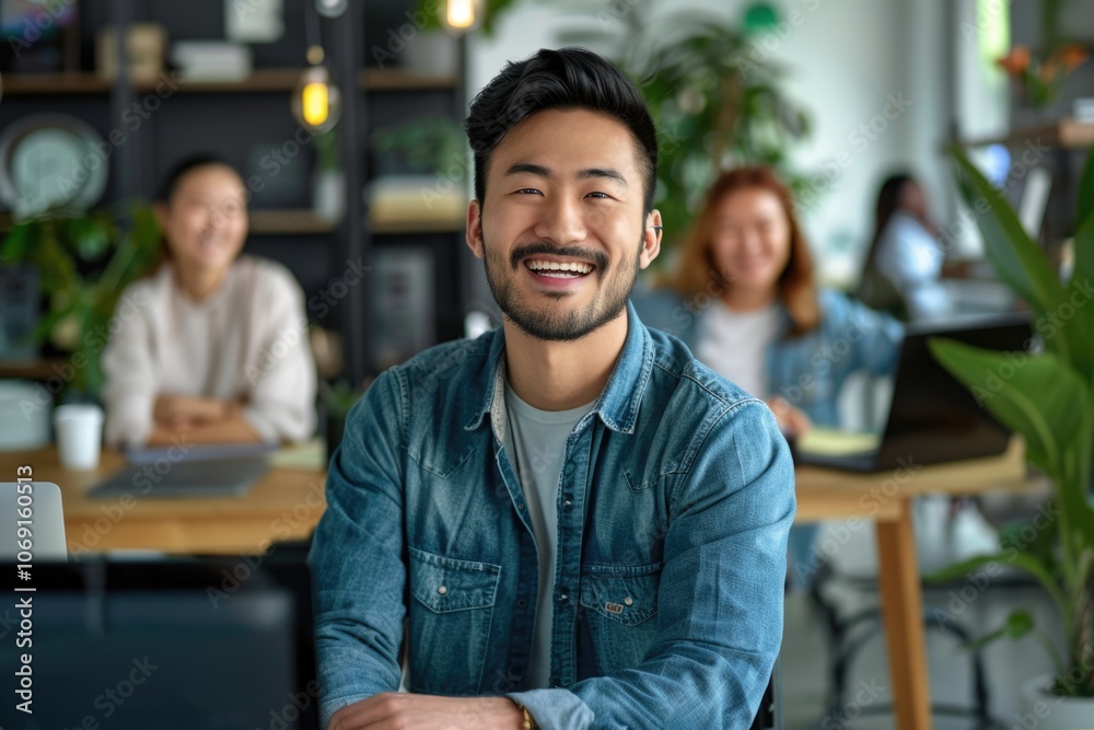Happy Asian office worker with diverse colleagues at corporate workplace. Happy Asian office worker with diverse colleagues at corporate workplace.